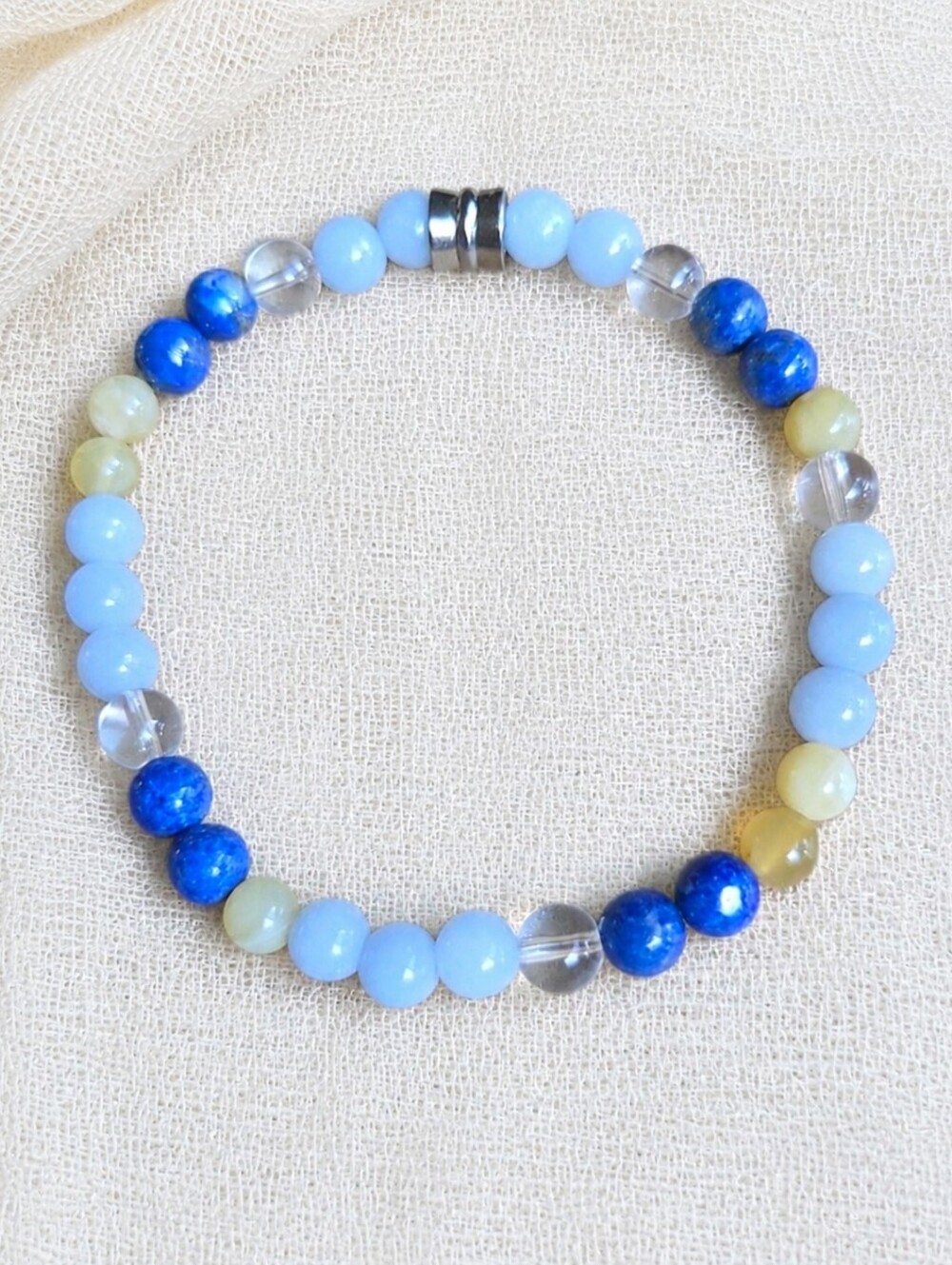 Angelite, Lapis Lazuli & Yellow Opal Beaded Stretch Bracelet | Handmade